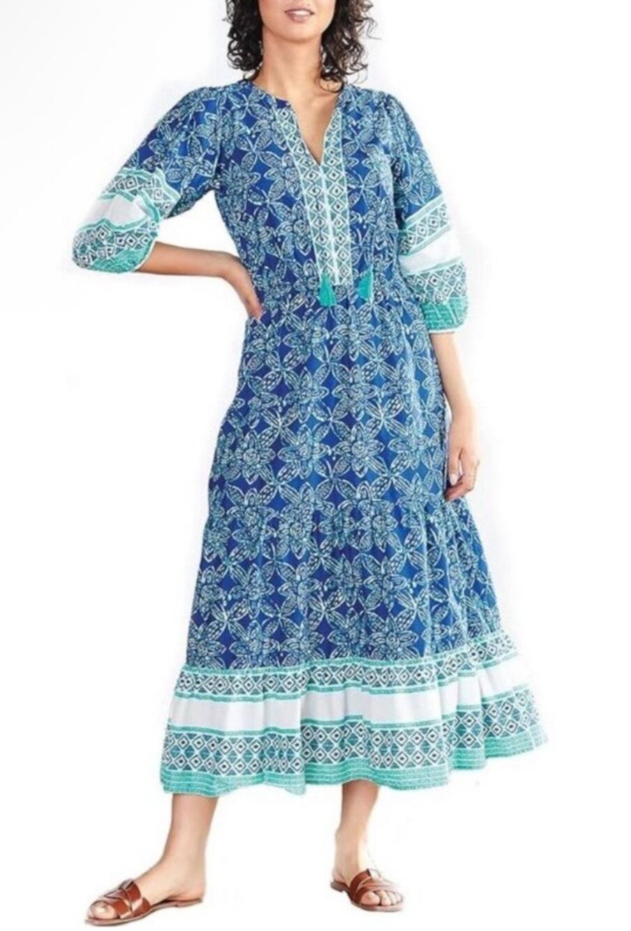 Hatley Blue Boho Midi Maxi Dress Flowy Tiered Tassle Size S Cottage Prairie
